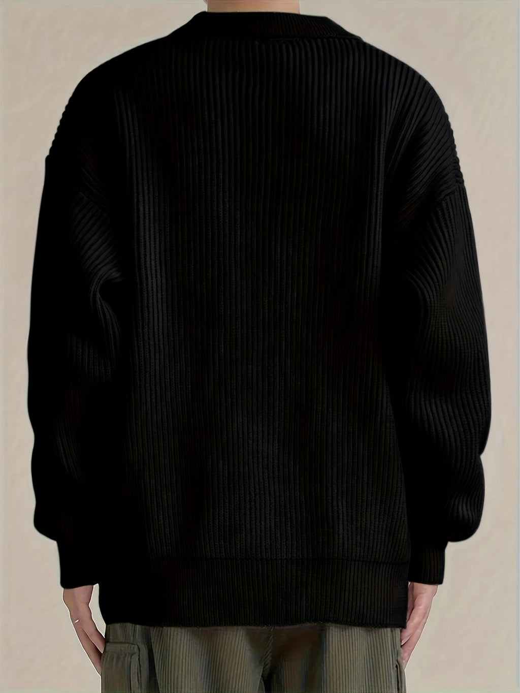 Ribbed Knit Cardigan Black Men's Collared Button-Up – Casual, Office, Layering, Gift