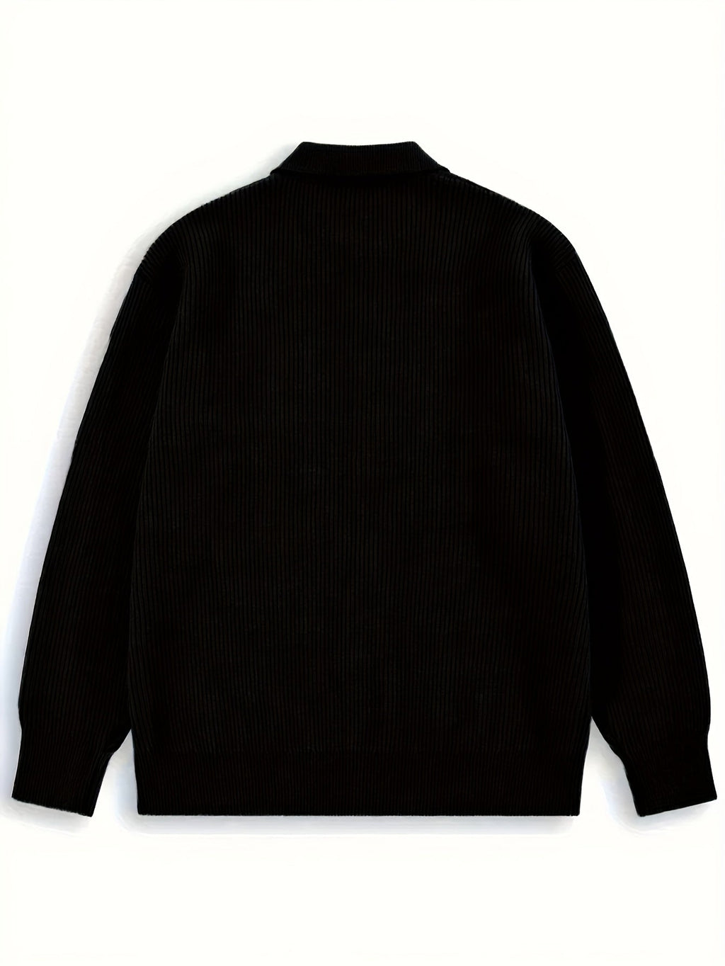 Ribbed Knit Cardigan Black Men's Collared Button-Up – Casual, Office, Layering, Gift