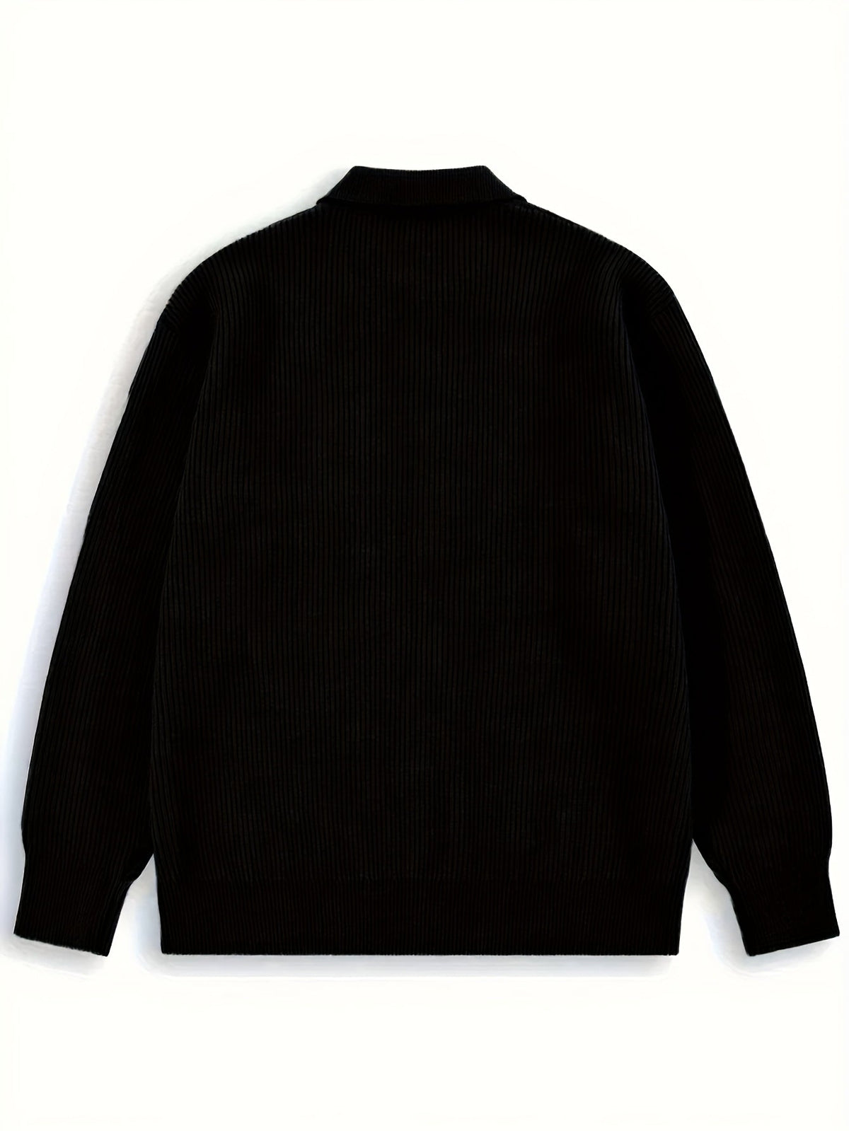 Ribbed Knit Cardigan Black Men's Collared Button-Up – Casual, Office, Layering, Gift
