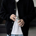 Ribbed Knit Cardigan Black Men's Collared Button-Up – Casual, Office, Layering, Gift