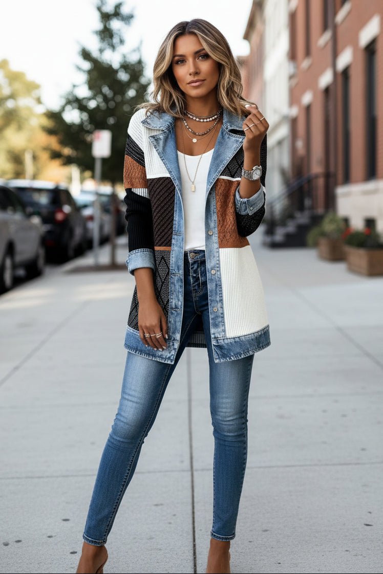 Ribbed Knit Cardigan Jacket Denim Trim Women's Long Button Coat – Casual, Office, Holiday