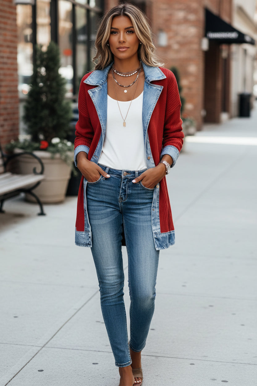 Ribbed Knit Cardigan Jacket Denim Trim Women's Long Button Coat – Casual, Office, Holiday