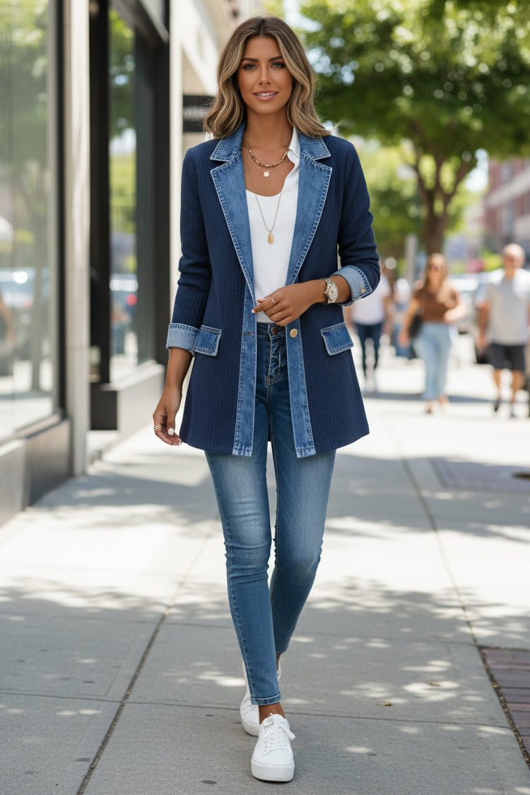 Ribbed Knit Cardigan Jacket Denim Trim Women's Long Button Coat – Casual, Office, Holiday