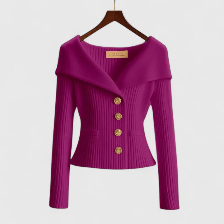 Ribbed Knit Cardigan Off-Shoulder Gold Button Women's – Office, Casual, Holiday, Gift