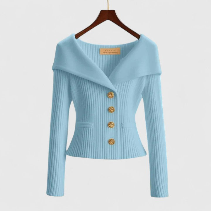 Ribbed Knit Cardigan Off-Shoulder Gold Button Women's – Office, Casual, Holiday, Gift