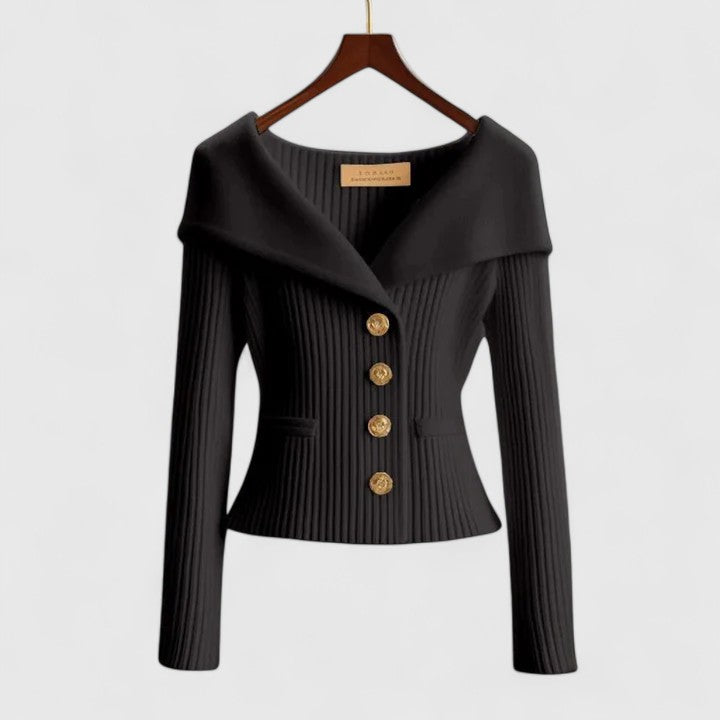 Ribbed Knit Cardigan Off-Shoulder Gold Button Women's – Office, Casual, Holiday, Gift