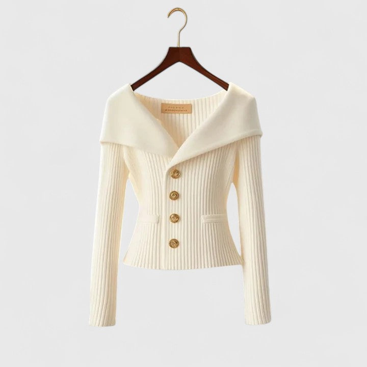 Ribbed Knit Cardigan Off-Shoulder Gold Button Women's – Office, Casual, Holiday, Gift