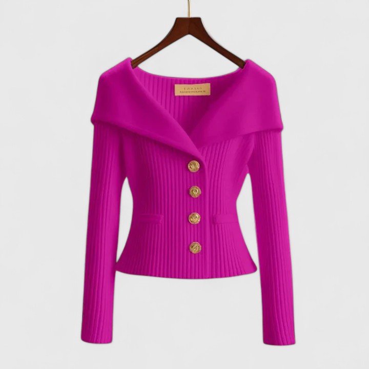 Ribbed Knit Cardigan Off-Shoulder Gold Button Women's – Office, Casual, Holiday, Gift