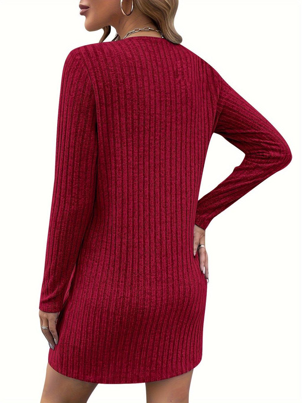 Ribbed Knit Dress Zip V-Neck Long Sleeve Women's Red – Casual, Office, Holiday · Werune