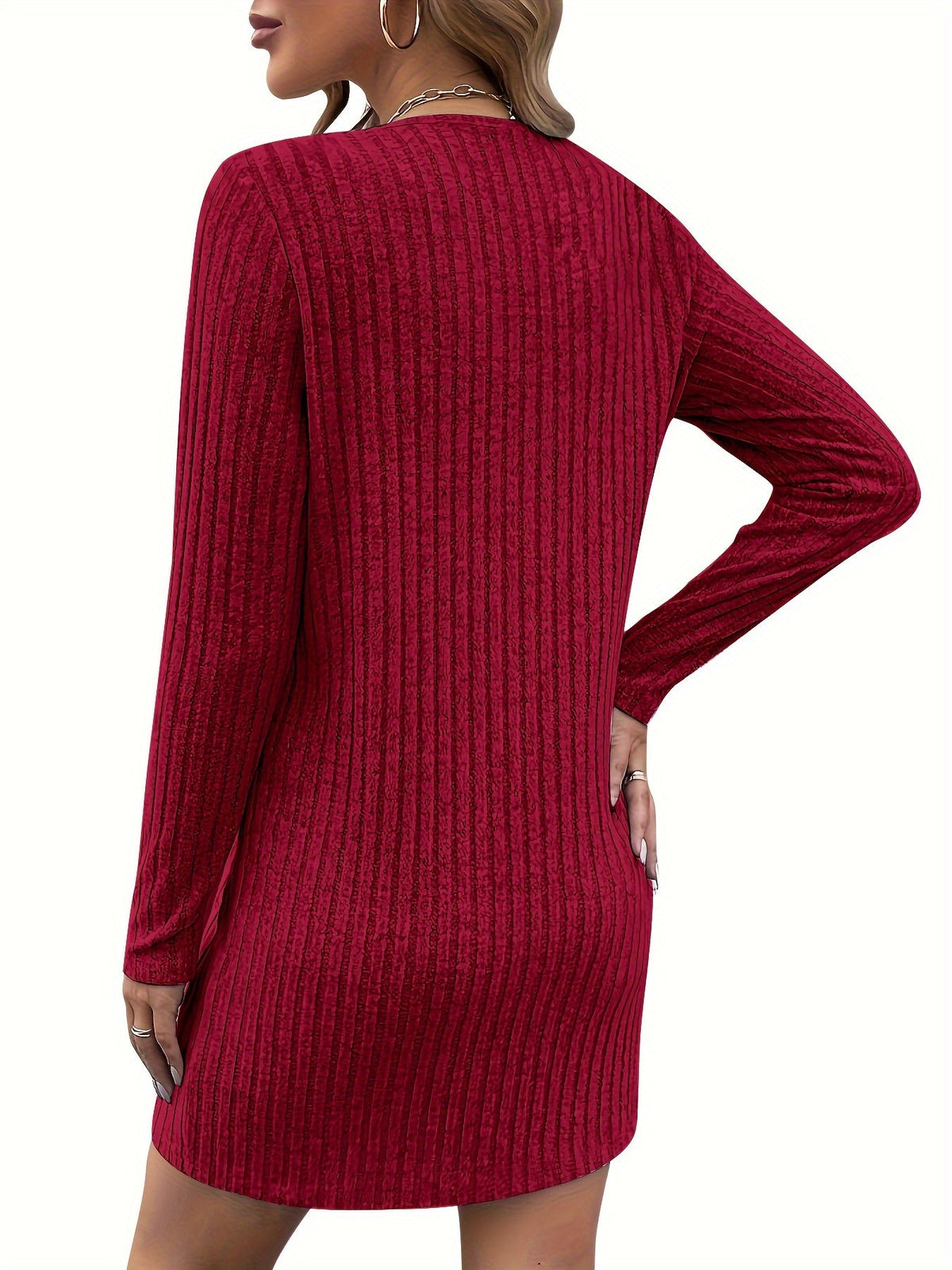 Ribbed Knit Dress Zip V-Neck Long Sleeve Women's Red – Casual, Office, Holiday · Werune