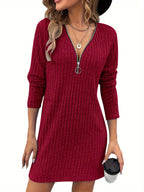 Ribbed Knit Dress Zip V-Neck Long Sleeve Women's Red – Casual, Office, Holiday · Werune