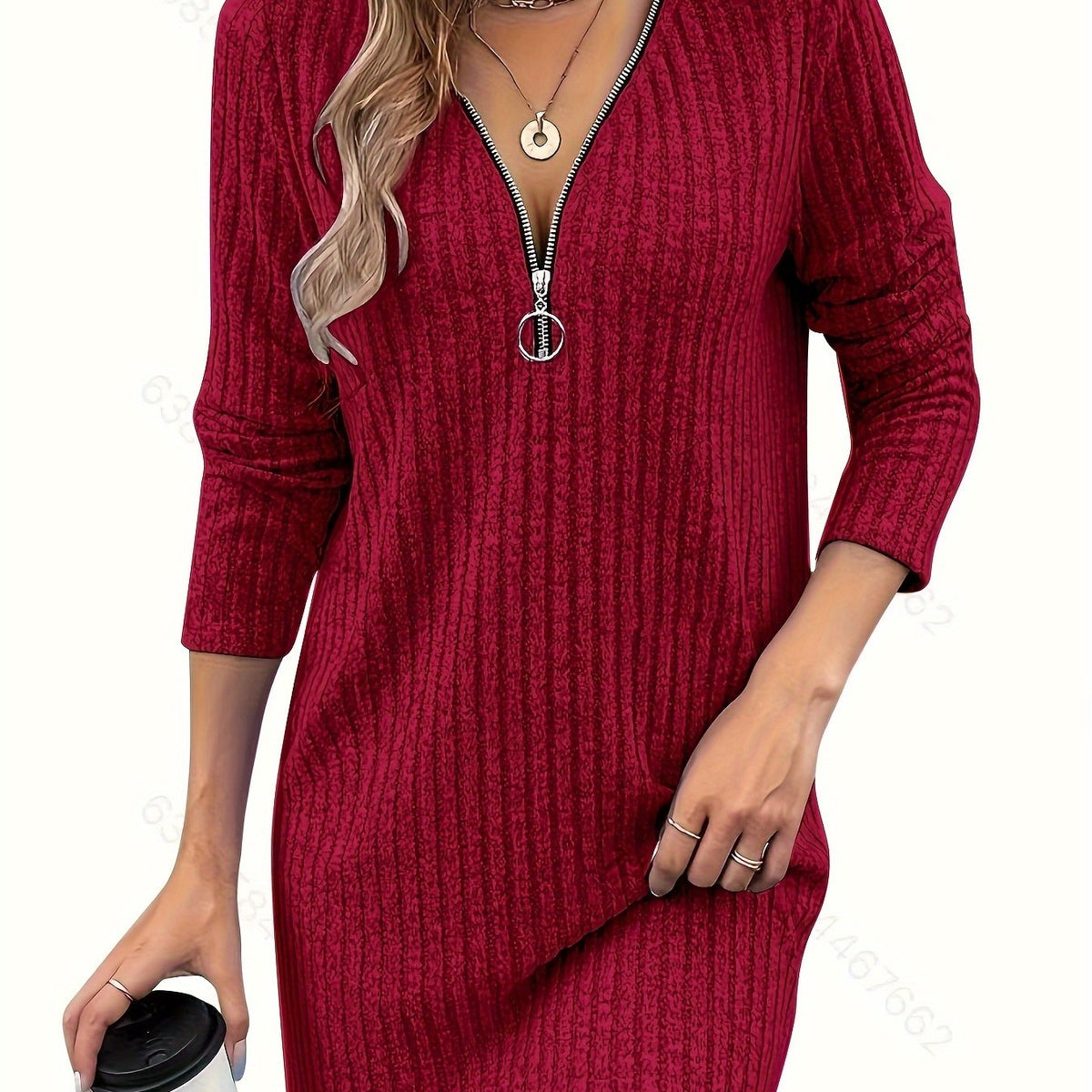 Ribbed Knit Dress Zip V-Neck Long Sleeve Women's Red – Casual, Office, Holiday · Werune