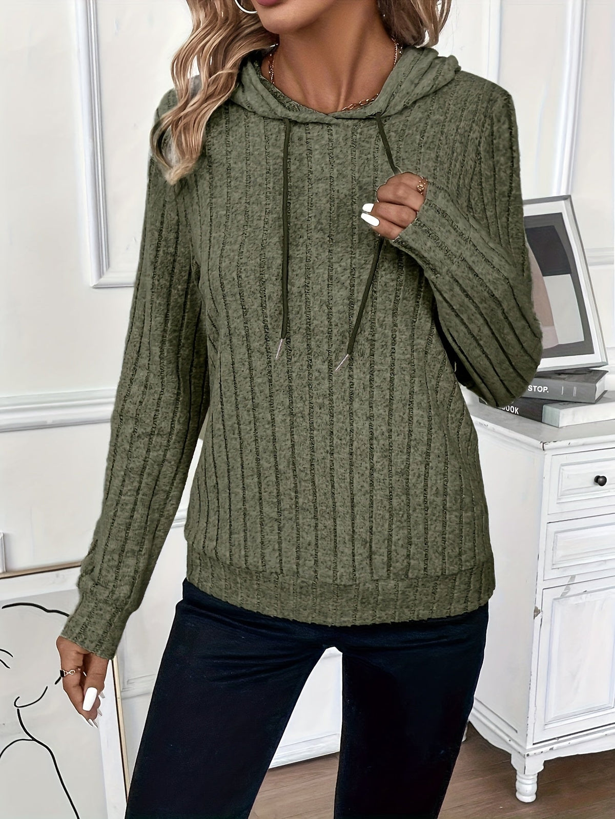 Ribbed Knit Hoodie Grey Women's Drawstring Long Sleeve Top – Casual, Everyday · Werune