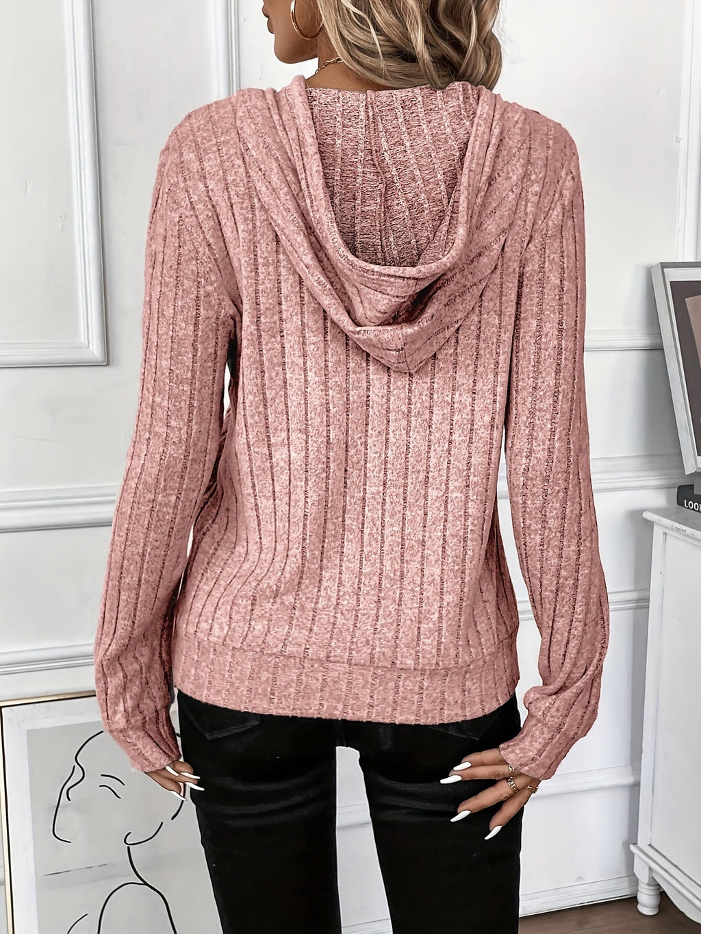 Ribbed Knit Hoodie Grey Women's Drawstring Long Sleeve Top – Casual, Everyday · Werune