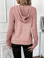 Ribbed Knit Hoodie Grey Women's Drawstring Long Sleeve Top – Casual, Everyday · Werune