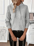 Ribbed Knit Hoodie Grey Women's Drawstring Long Sleeve Top – Casual, Everyday · Werune