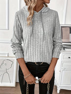Ribbed Knit Hoodie Grey Women's Drawstring Long Sleeve Top – Casual, Everyday · Werune