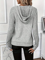 Ribbed Knit Hoodie Grey Women's Drawstring Long Sleeve Top – Casual, Everyday · Werune