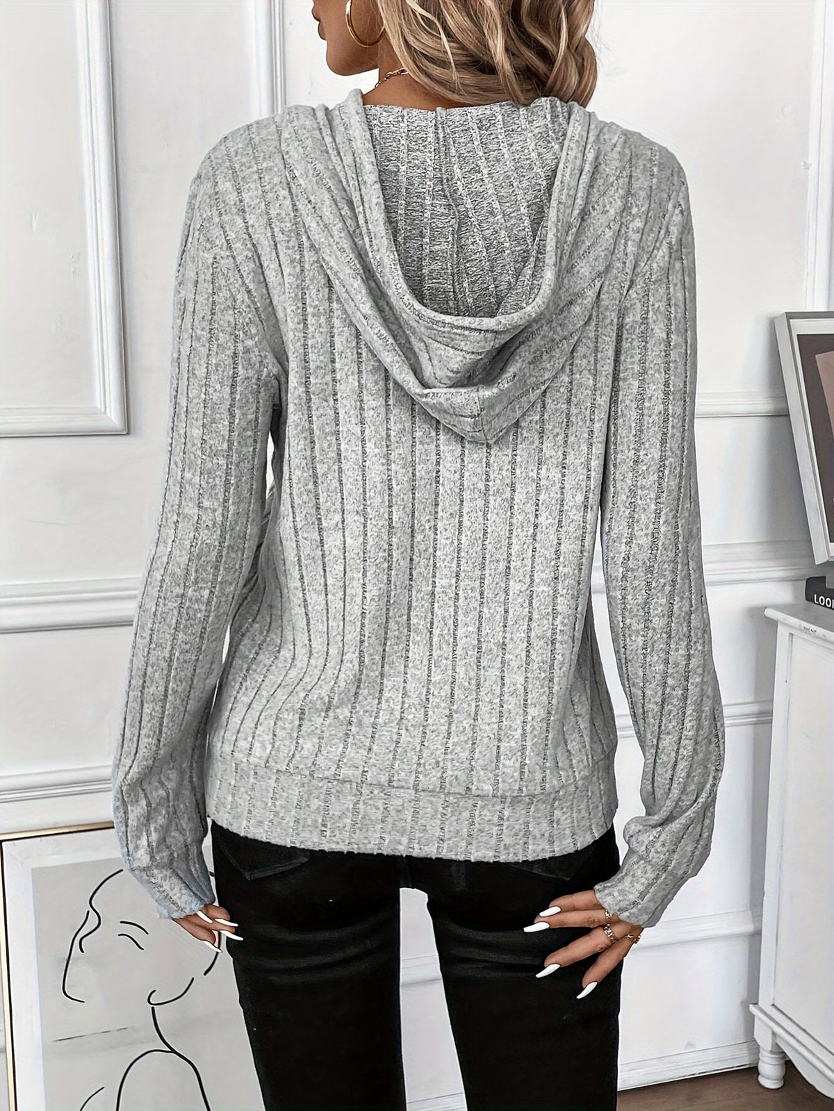 Ribbed Knit Hoodie Grey Women's Drawstring Long Sleeve Top – Casual, Everyday · Werune