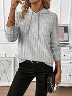 Ribbed Knit Hoodie Grey Women's Drawstring Long Sleeve Top – Casual, Everyday · Werune