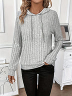 Ribbed Knit Hoodie Grey Women's Drawstring Long Sleeve Top – Casual, Everyday · Werune