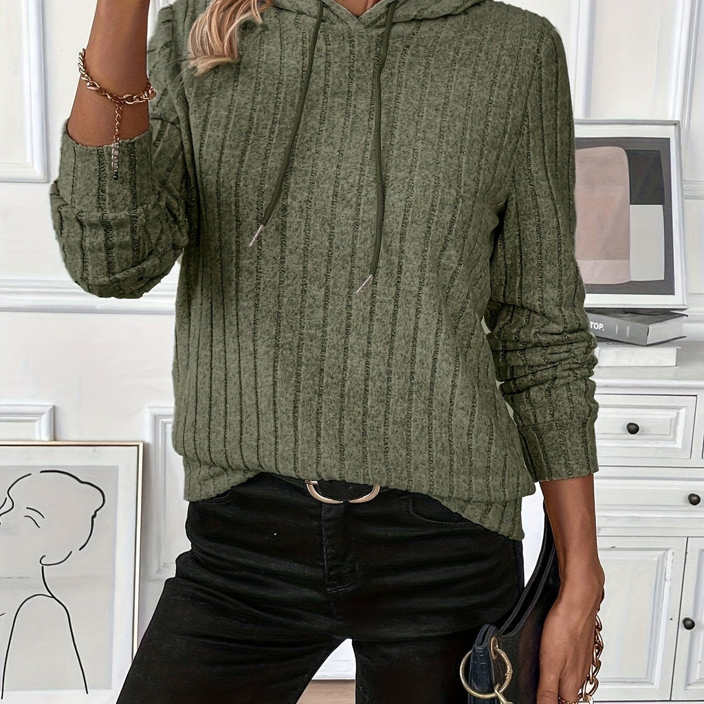 Ribbed Knit Hoodie Grey Women's Drawstring Long Sleeve Top – Casual, Everyday · Werune