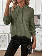 Ribbed Knit Hoodie Grey Women's Drawstring Long Sleeve Top – Casual, Everyday · Werune