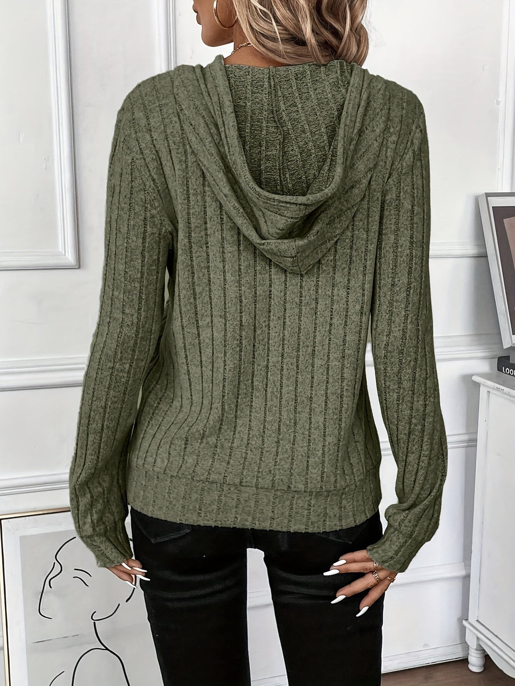 Ribbed Knit Hoodie Grey Women's Drawstring Long Sleeve Top – Casual, Everyday · Werune