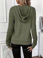 Ribbed Knit Hoodie Grey Women's Drawstring Long Sleeve Top – Casual, Everyday · Werune