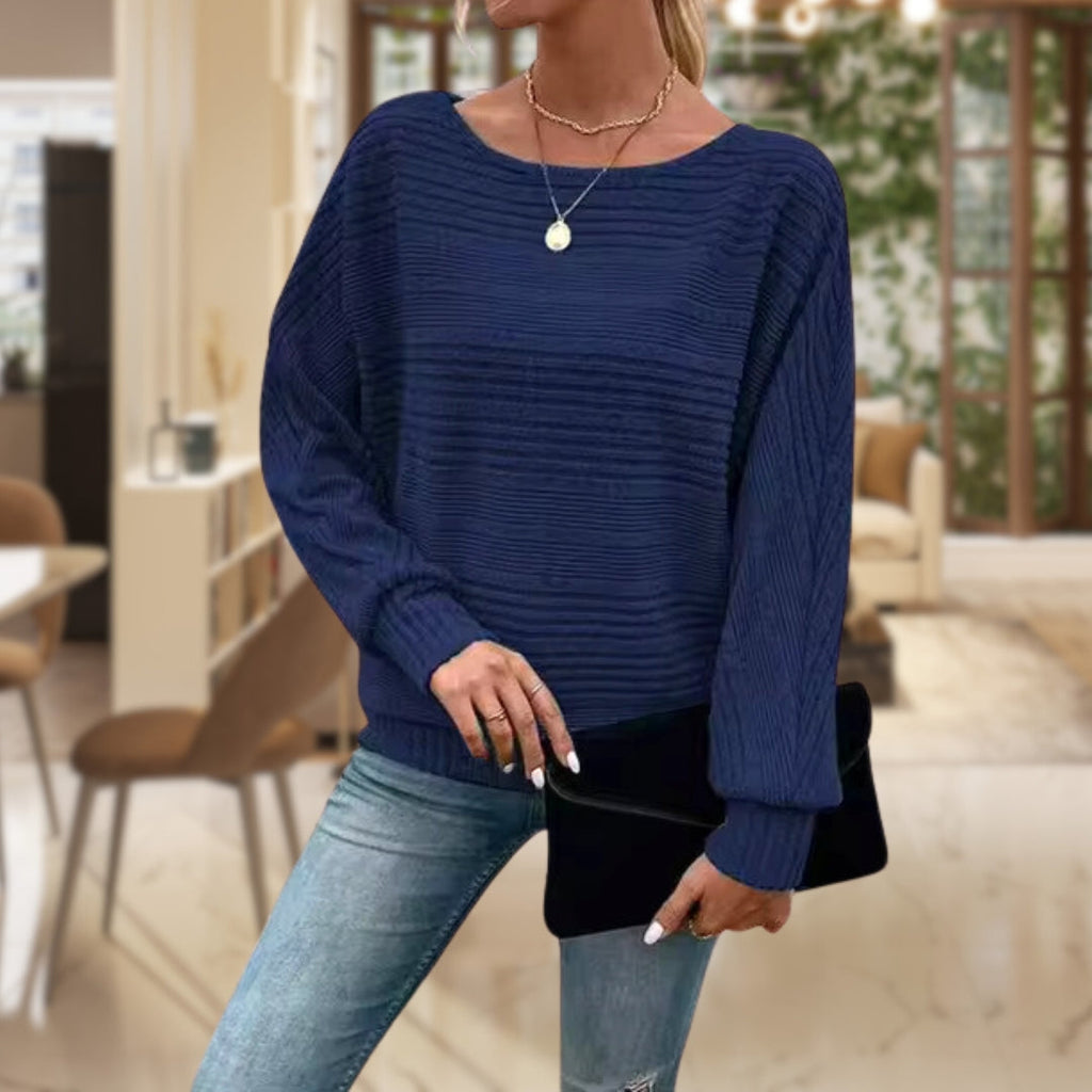 Ribbed Knit Jumper Women's Textured Boat Neck Batwing Sleeve Sage Green – Casual, Office, Holiday Gift