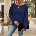 Ribbed Knit Jumper Women's Textured Boat Neck Batwing Sleeve Sage Green – Casual, Office, Holiday Gift