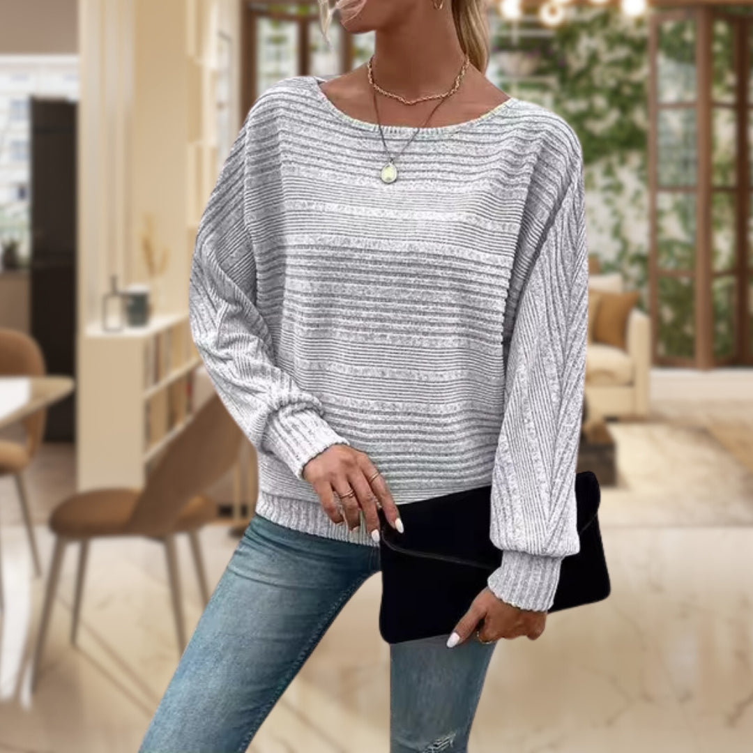 Ribbed Knit Jumper Women's Textured Boat Neck Batwing Sleeve Sage Green – Casual, Office, Holiday Gift