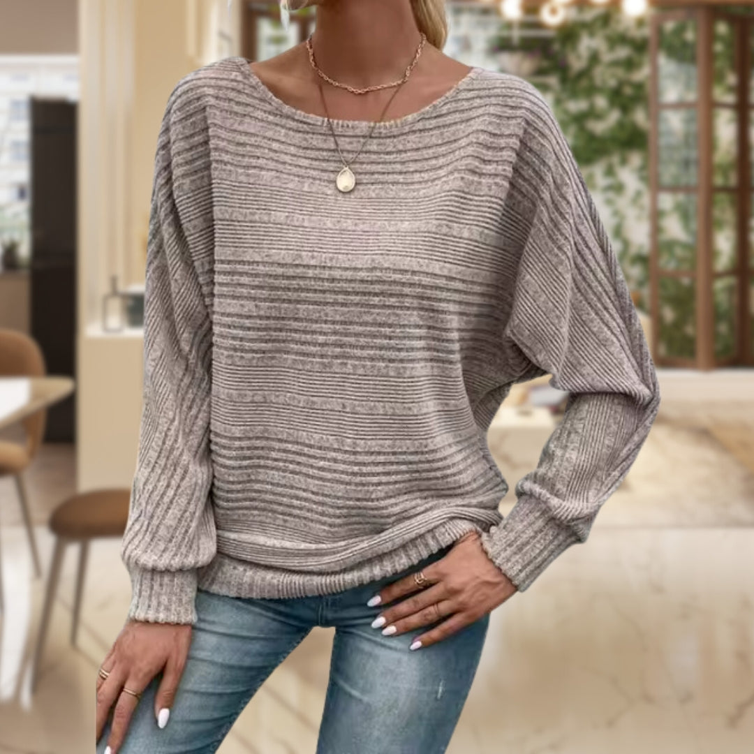 Ribbed Knit Jumper Women's Textured Boat Neck Batwing Sleeve Sage Green – Casual, Office, Holiday Gift