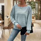 Ribbed Knit Jumper Women's Textured Boat Neck Batwing Sleeve Sage Green – Casual, Office, Holiday Gift