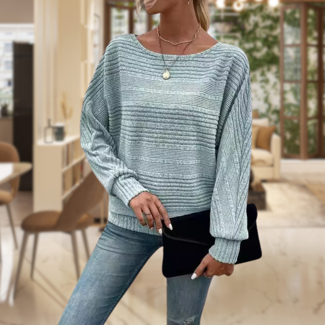 Ribbed Knit Jumper Women's Textured Boat Neck Batwing Sleeve Sage Green – Casual, Office, Holiday Gift