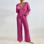 Ribbed Knit Lounge Set Women's Black V-Neck Top Wide-Leg Trousers – Casual, Loungewear, Office, Gift