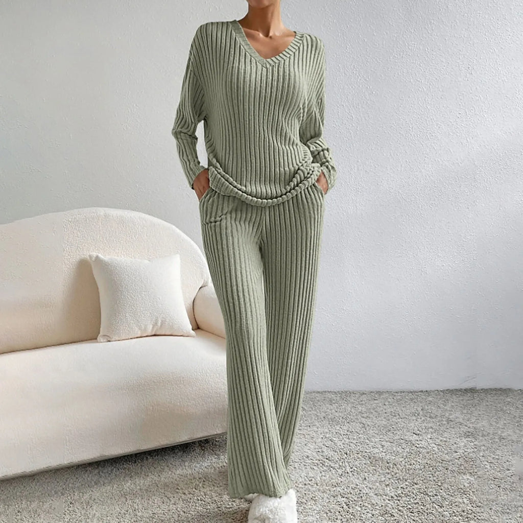Ribbed Knit Lounge Set Women's Black V-Neck Top Wide-Leg Trousers – Casual, Loungewear, Office, Gift