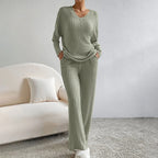 Ribbed Knit Lounge Set Women's Black V-Neck Top Wide-Leg Trousers – Casual, Loungewear, Office, Gift
