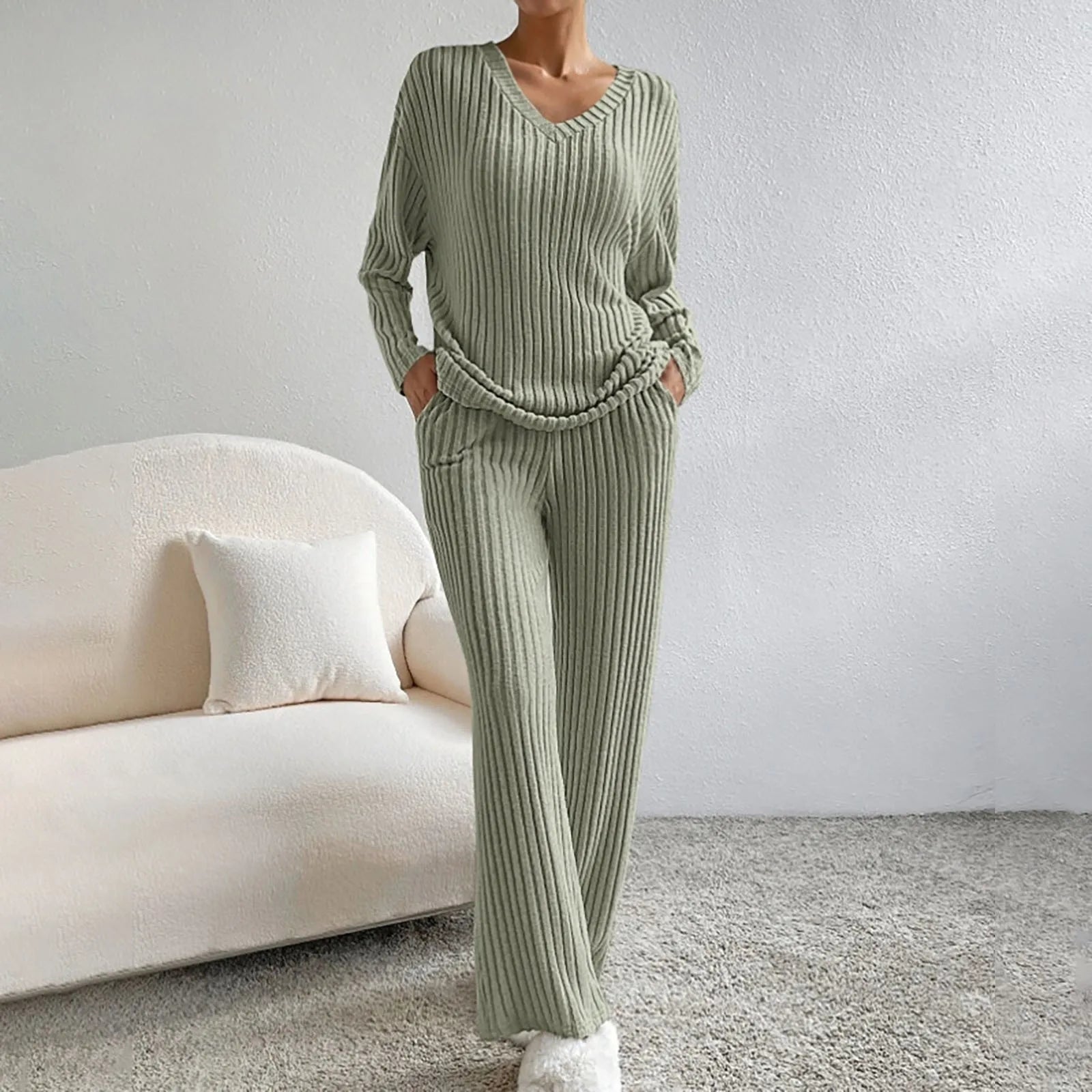 Ribbed Knit Lounge Set Women's Black V-Neck Top Wide-Leg Trousers – Casual, Loungewear, Office, Gift