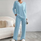 Ribbed Knit Lounge Set Women's Black V-Neck Top Wide-Leg Trousers – Casual, Loungewear, Office, Gift