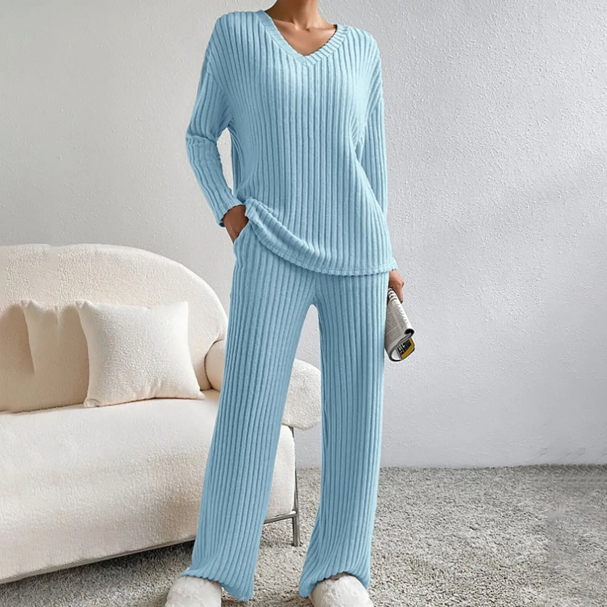Ribbed Knit Lounge Set Women's Black V-Neck Top Wide-Leg Trousers – Casual, Loungewear, Office, Gift
