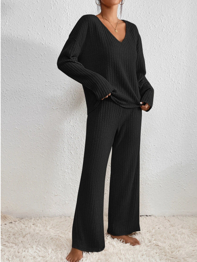 Ribbed Knit Lounge Set Women's Black V-Neck Top Wide-Leg Trousers – Casual, Loungewear, Office, Gift