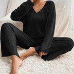Ribbed Knit Lounge Set Women's Black V-Neck Top Wide-Leg Trousers – Casual, Loungewear, Office, Gift