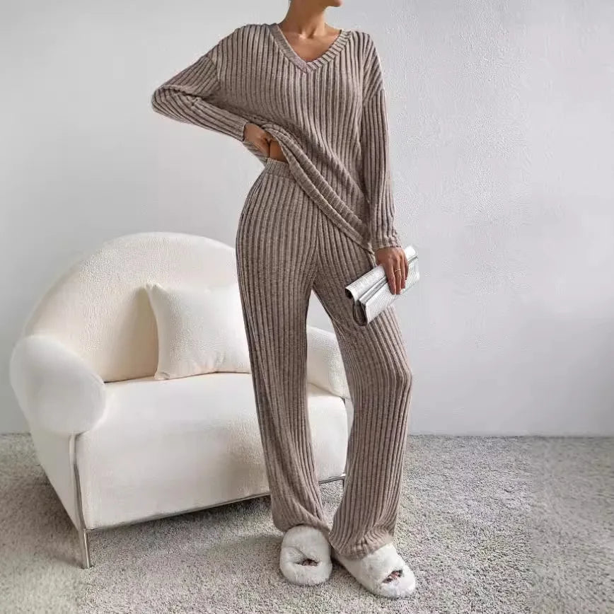 Ribbed Knit Lounge Set Women's Black V-Neck Top Wide-Leg Trousers – Casual, Loungewear, Office, Gift
