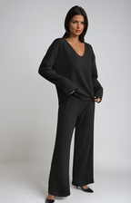 Ribbed Knit Lounge Set Women's Black V-Neck Top Wide-Leg Trousers – Casual, Loungewear, Office, Gift