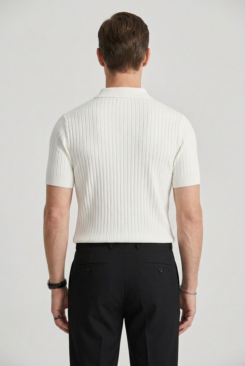 Ribbed Knit Polo Shirt White Men's Slim Fit Short Sleeve Collared – Casual, Office, Holiday, Gift