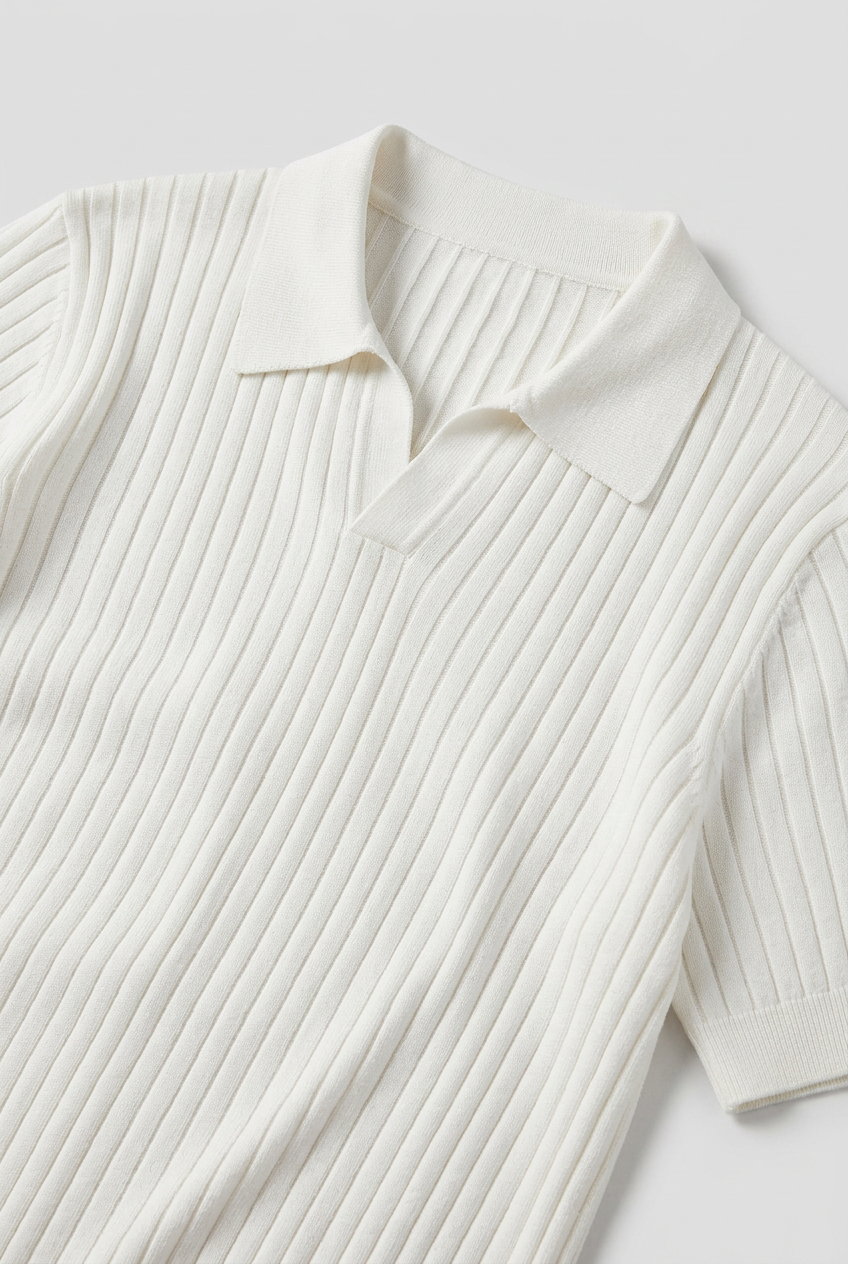 Ribbed Knit Polo Shirt White Men's Slim Fit Short Sleeve Collared – Casual, Office, Holiday, Gift