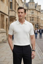 Ribbed Knit Polo Shirt White Men's Slim Fit Short Sleeve Collared – Casual, Office, Holiday, Gift