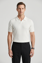 Ribbed Knit Polo Shirt White Men's Slim Fit Short Sleeve Collared – Casual, Office, Holiday, Gift