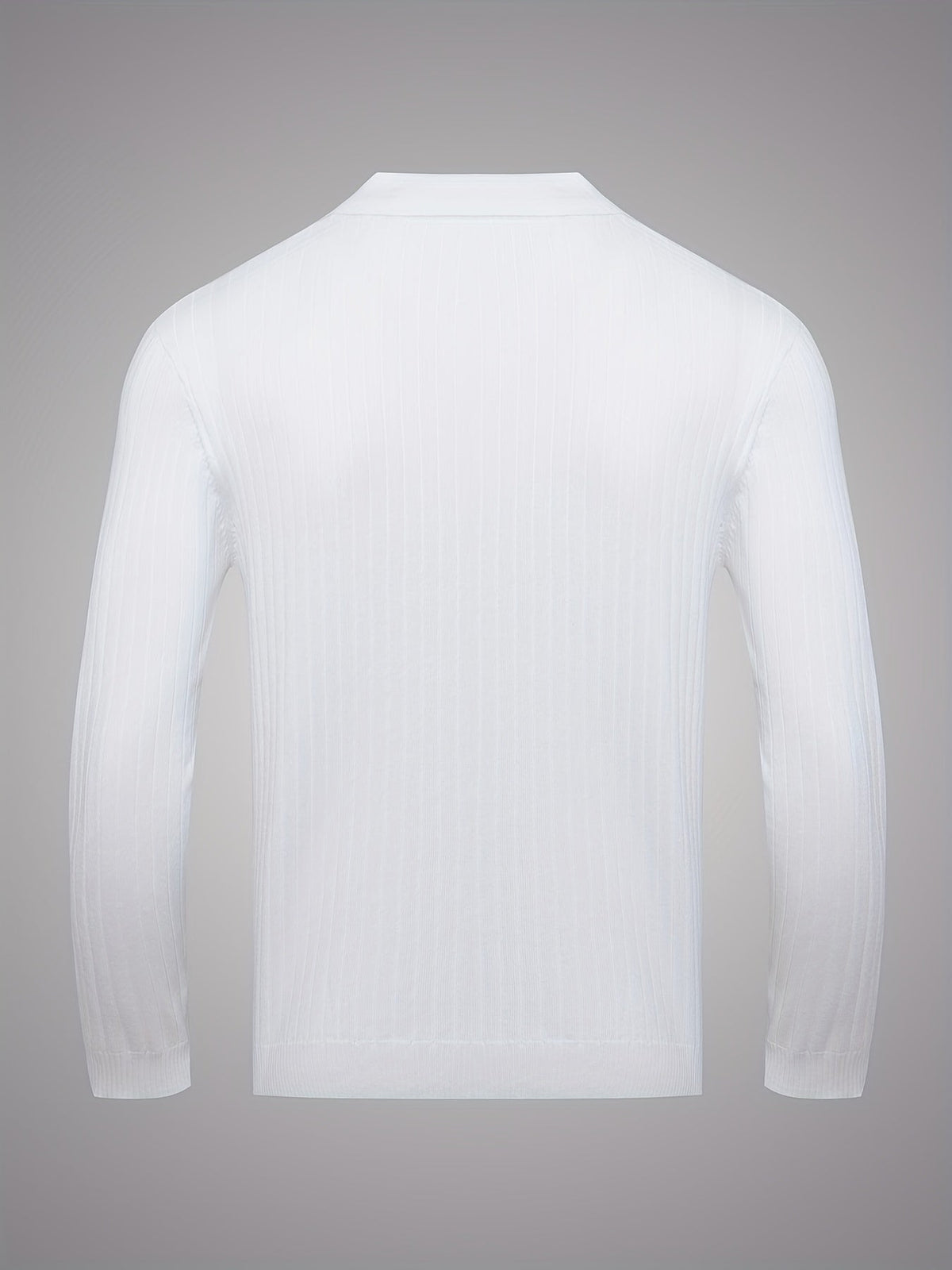 Ribbed Knit Polo Sweater Men's White V-Neck Long Sleeve Collared Jumper – Office, Casual